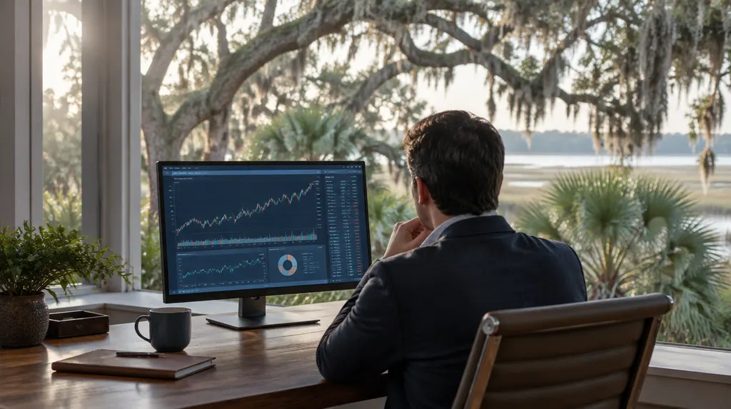 An advisor reviewing charts on a monitor in Charleston, SC