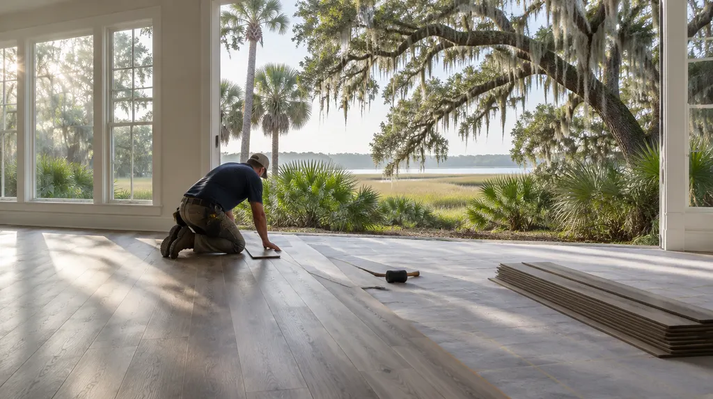 An installer laying luxury vinyl plank flooring in Charleston, SC