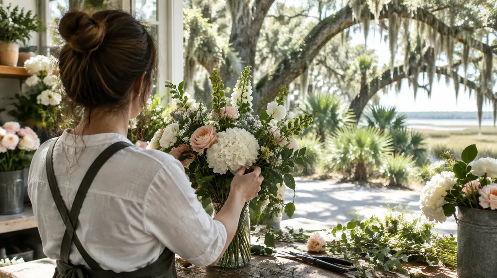 A florist arranging a bouquet in a flower shop in Charleston, SC