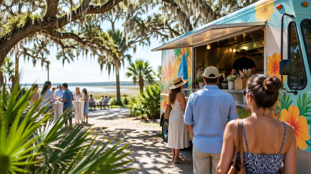 A colorful food truck serving at an evening event in Charleston, SC