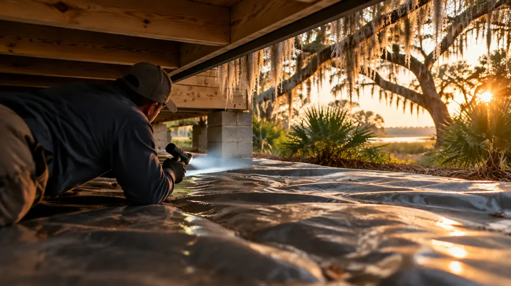 A technician inspecting a crawl space with a vapor barrier in Charleston, SC