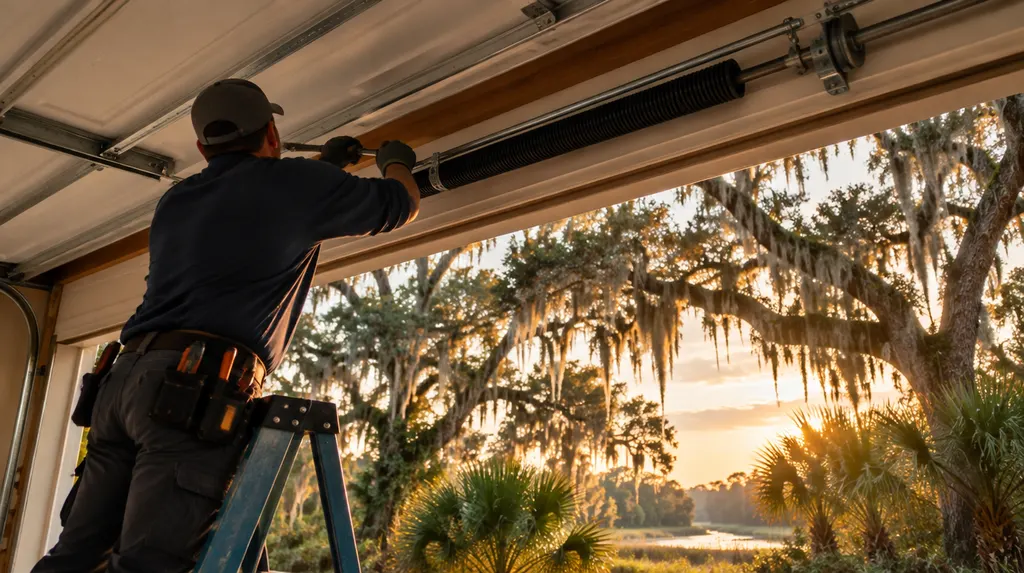 A technician replacing a torsion spring above a garage door in Charleston, SC