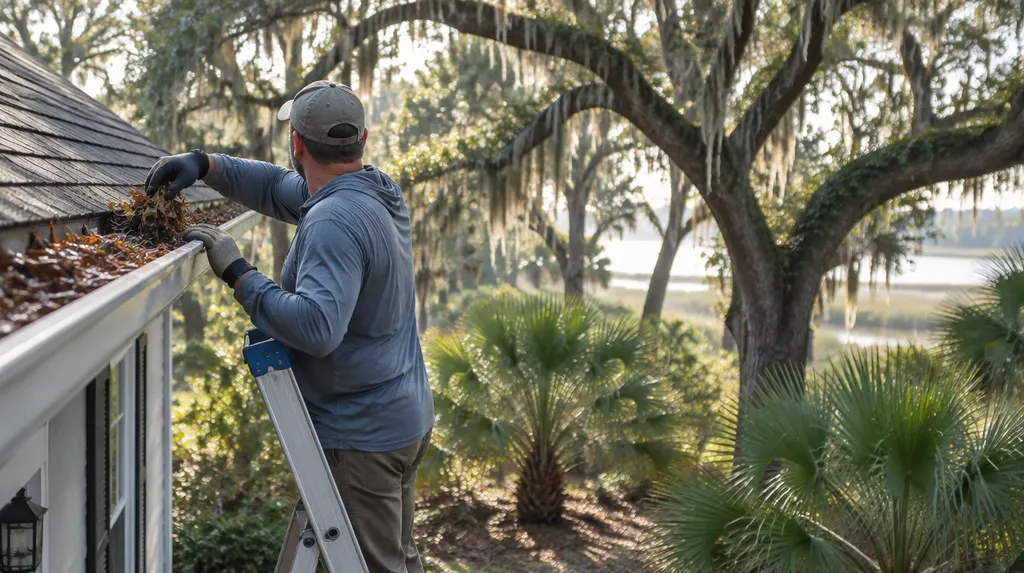 A worker cleaning leaves out of a gutter from a ladder in Charleston, SC
