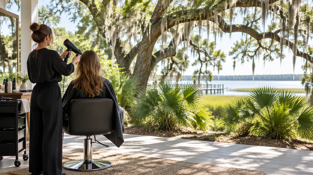 A stylist blow-drying a client’s hair in Charleston, SC
