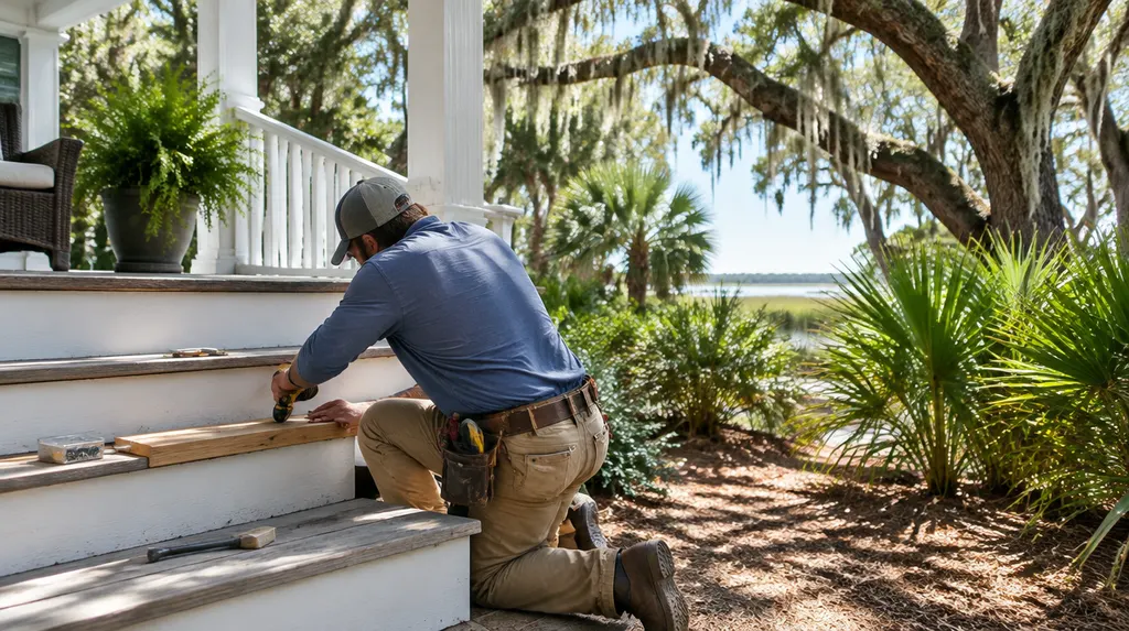 A handyman repairing a wooden porch step in Charleston, SC