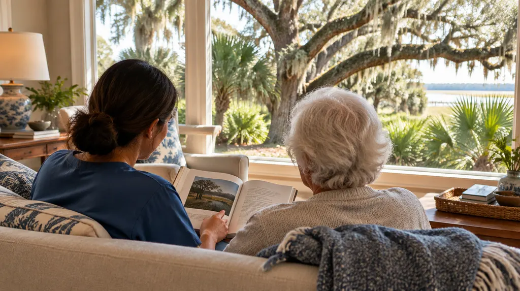 A warm living room with a caregiver and a senior reading together in Charleston, SC