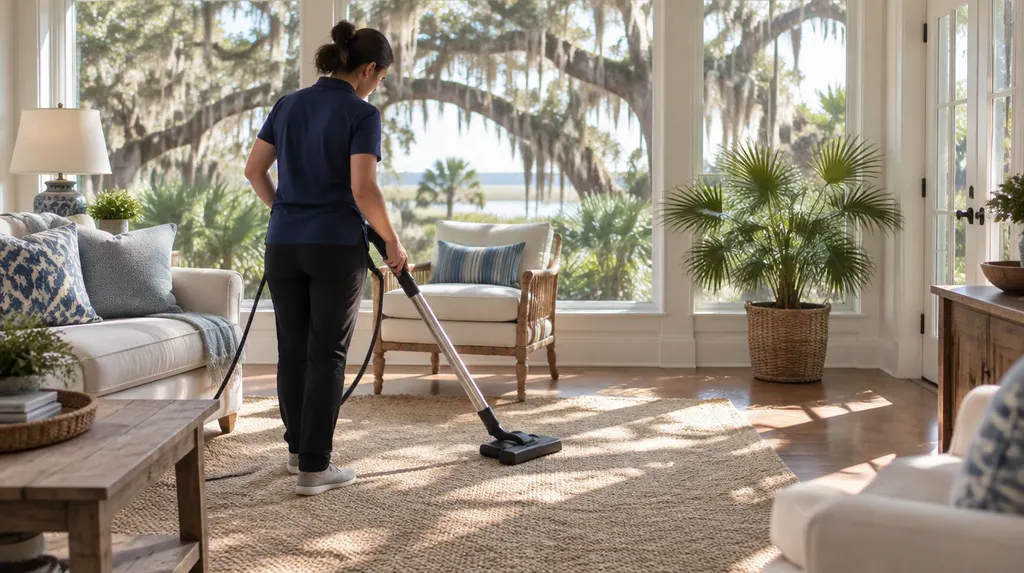 A cleaner vacuuming a sunny living room in Charleston, SC
