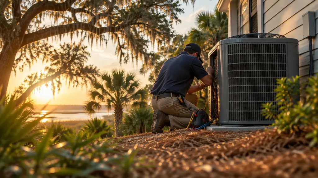 An HVAC technician servicing an outdoor condenser beside a house in Charleston, SC