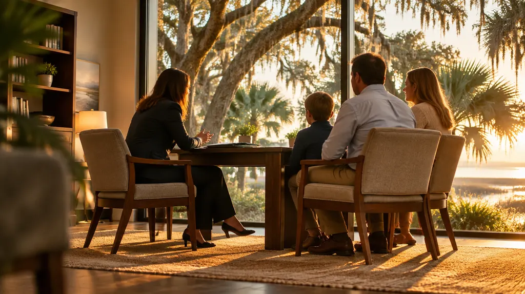 An insurance agent meeting a family in an office in Charleston, SC