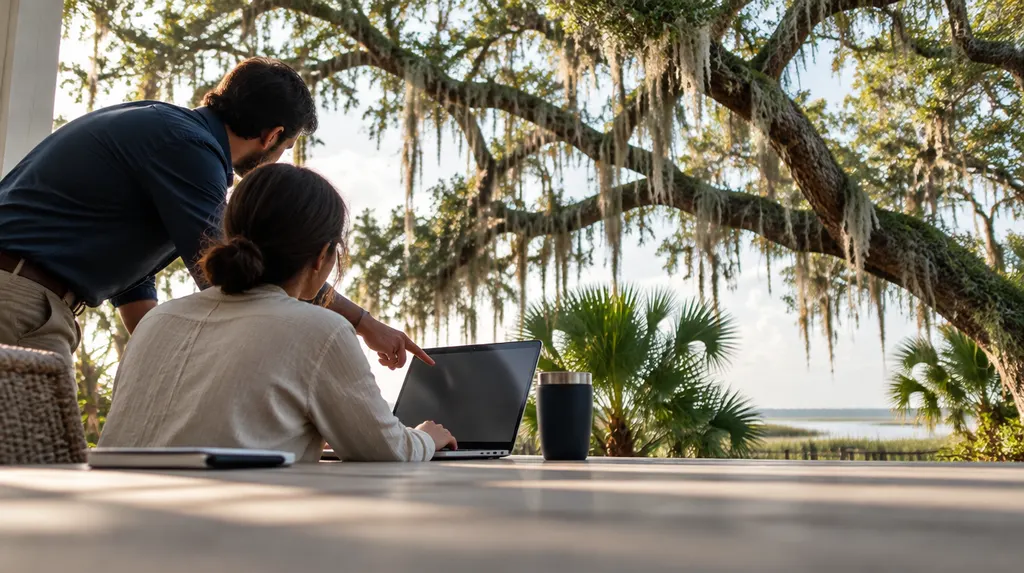 An IT consultant helping an employee at a laptop in Charleston, SC
