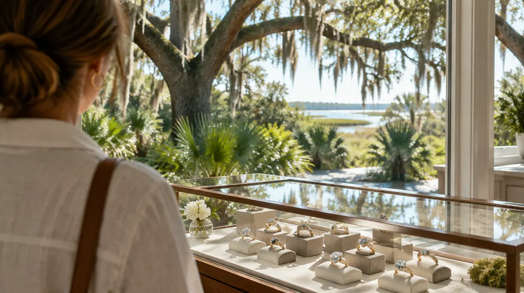 A jewelry display case with rings in Charleston, SC