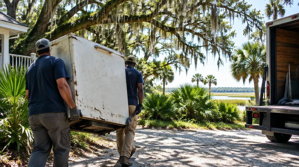 Workers carrying an old appliance to a truck in Charleston, SC