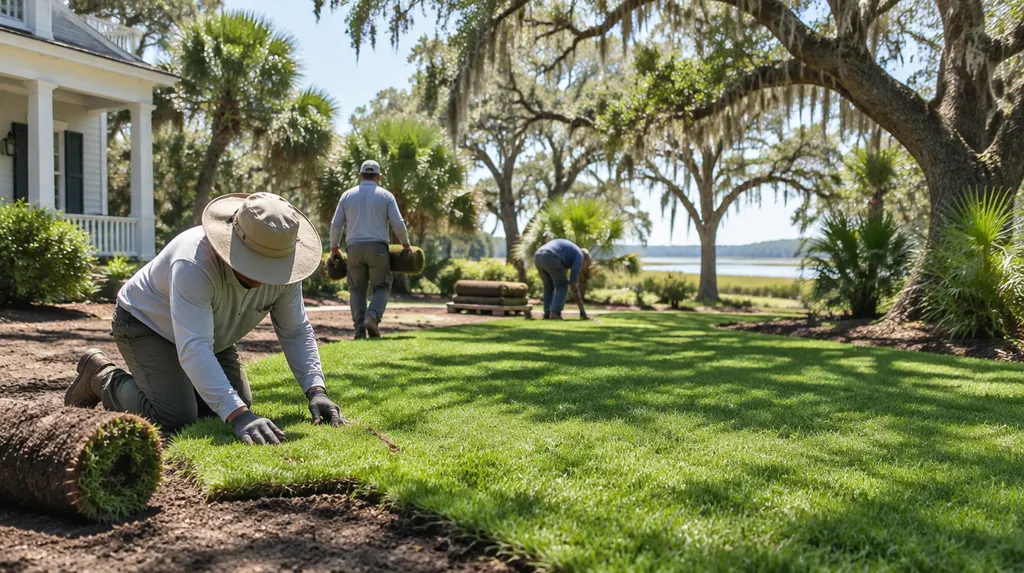 A crew laying fresh sod in a front yard in Charleston, SC
