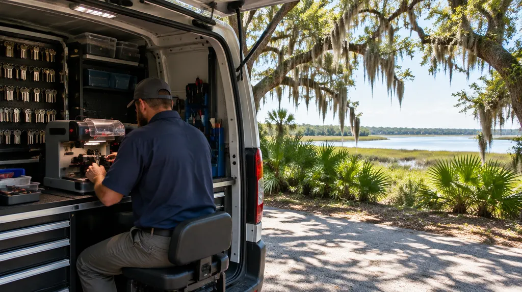 A locksmith cutting a new car key at a key machine in a work van in Charleston, SC