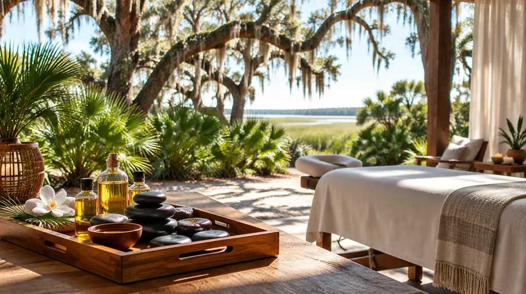 Warm stones and oils on a wooden tray in a spa in Charleston, SC
