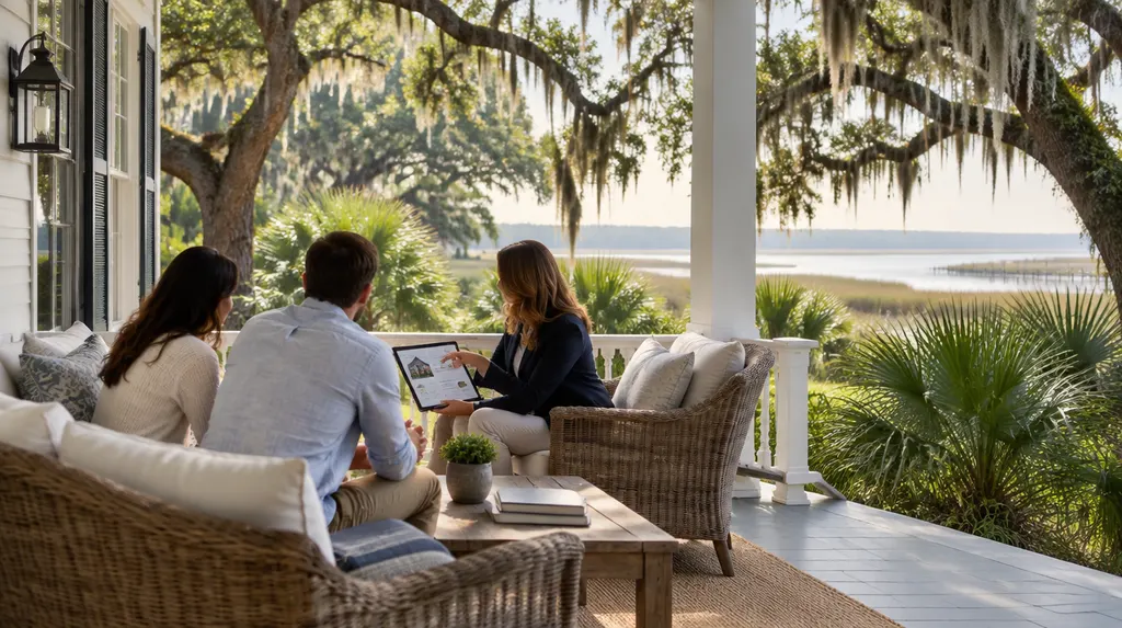 A mortgage broker explaining loan options to a young couple in Charleston, SC