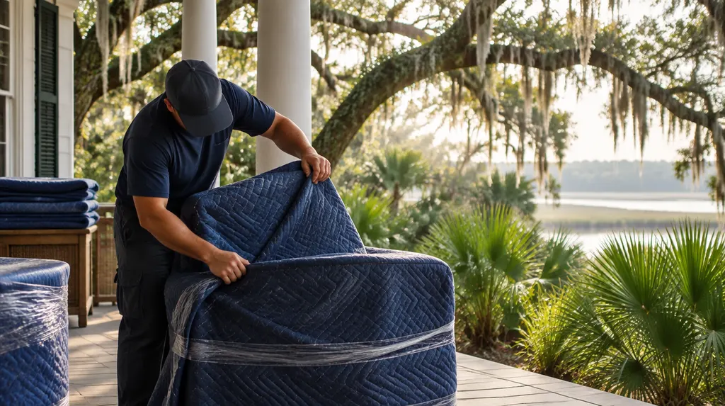 A mover wrapping furniture in moving blankets in Charleston, SC