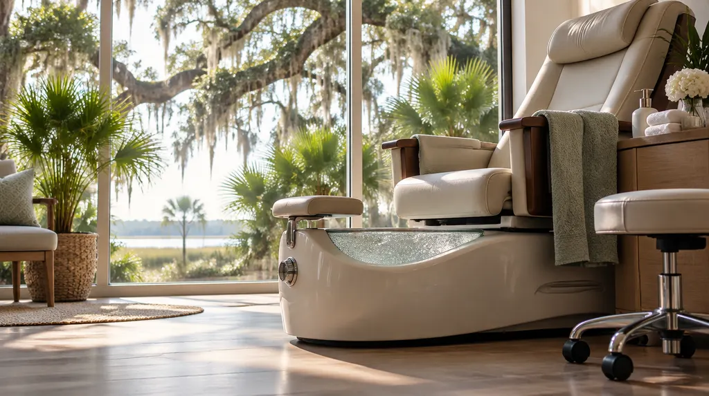 A pedicure spa chair in a clean salon in Charleston, SC