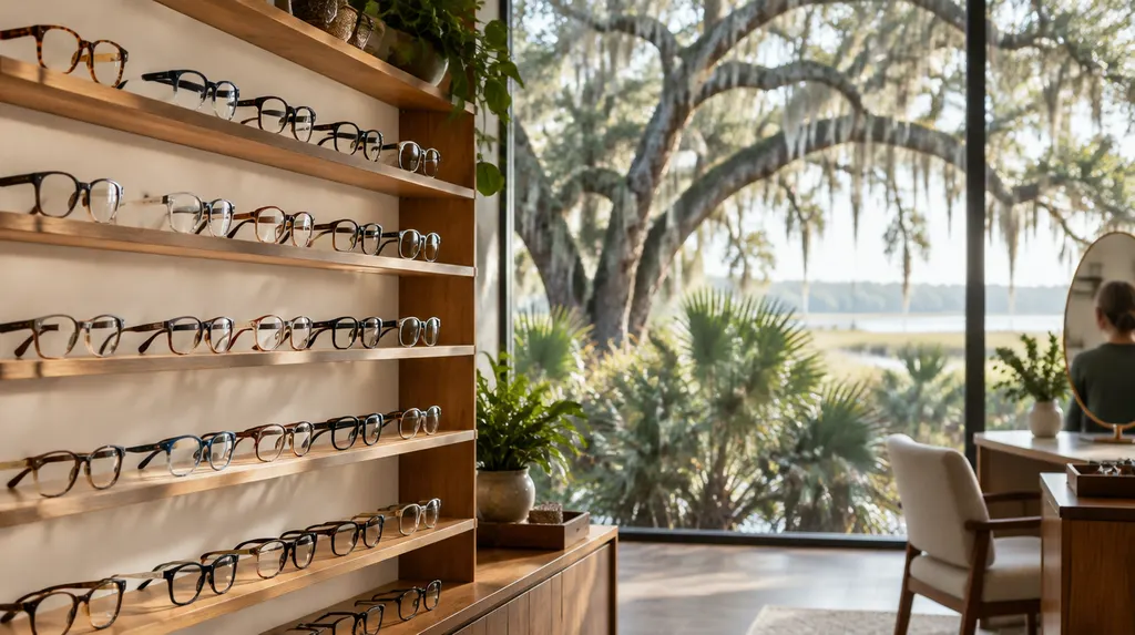 A wall of stylish eyeglass frames in an optical shop in Charleston, SC