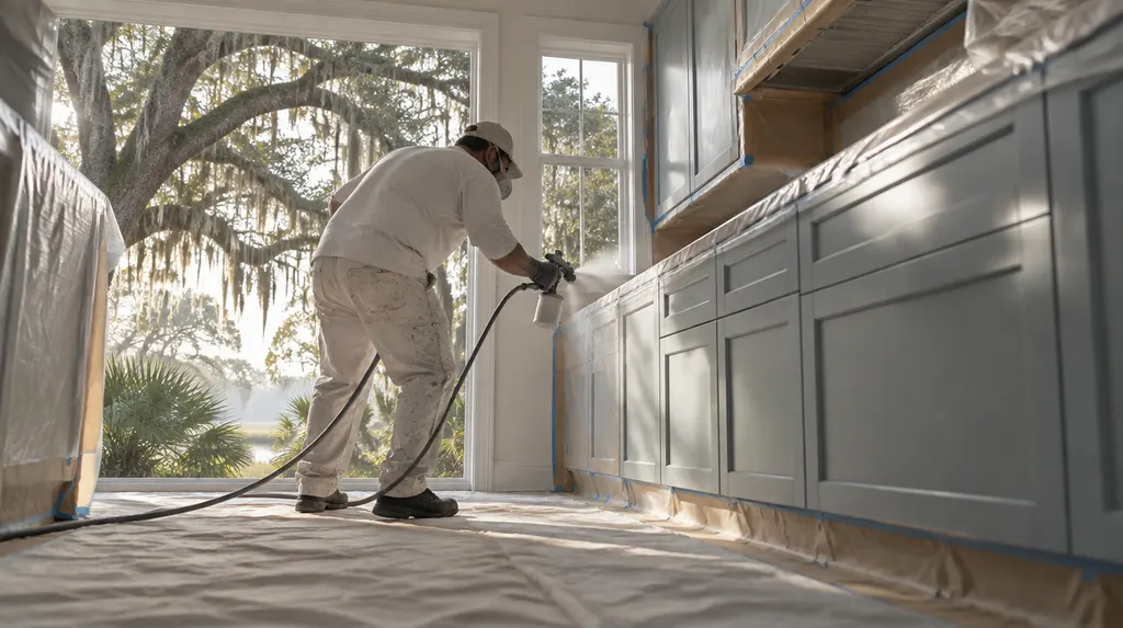 A painter spraying kitchen cabinets in a prepped room in Charleston, SC