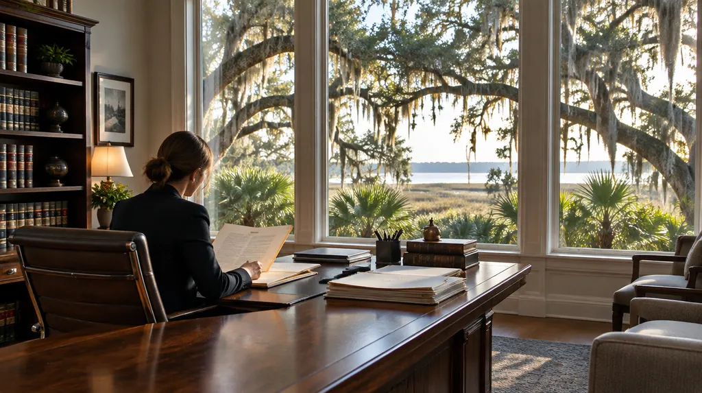 A lawyer reviewing a case file in a law office in Charleston, SC