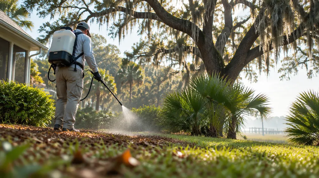 A technician treating a backyard for mosquitoes in Charleston, SC