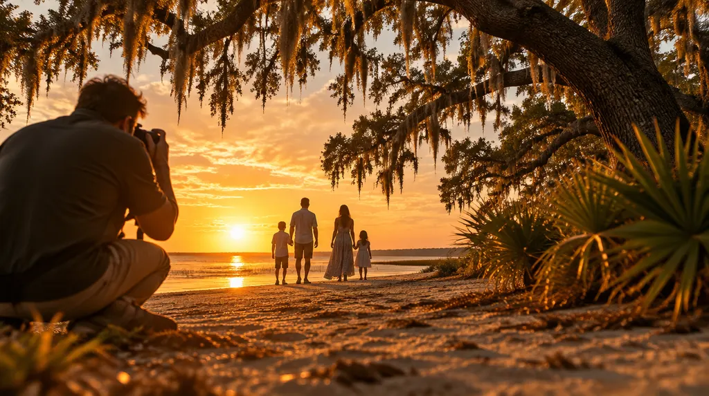 A photographer shooting a family on a beach at sunset in Charleston, SC