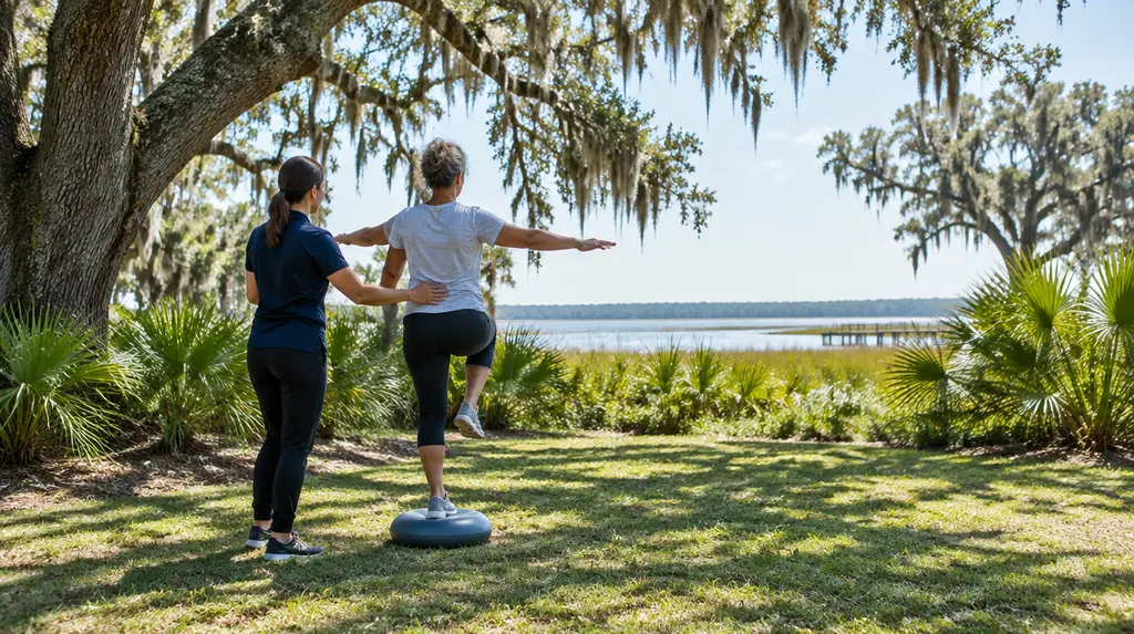 A therapist guiding a patient on a balance exercise in Charleston, SC