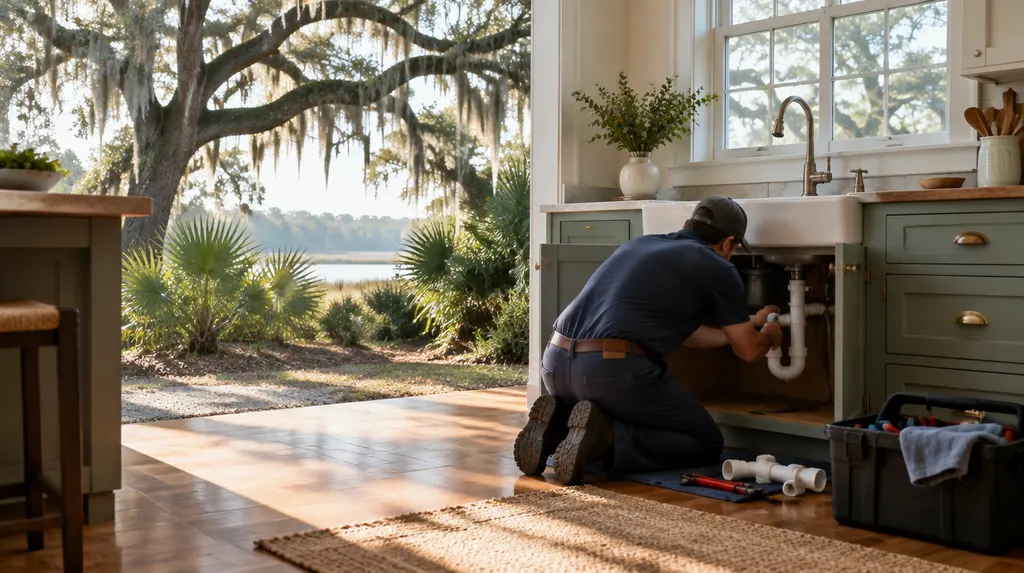 A plumber kneeling under a kitchen sink fitting a new pipe in Charleston, SC