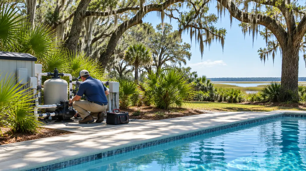 A technician checking pool equipment and a pump in Charleston, SC