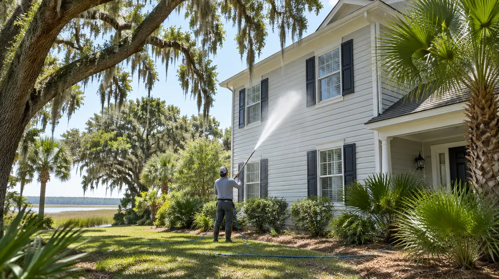 Soft washing the vinyl siding of a two-story house in Charleston, SC