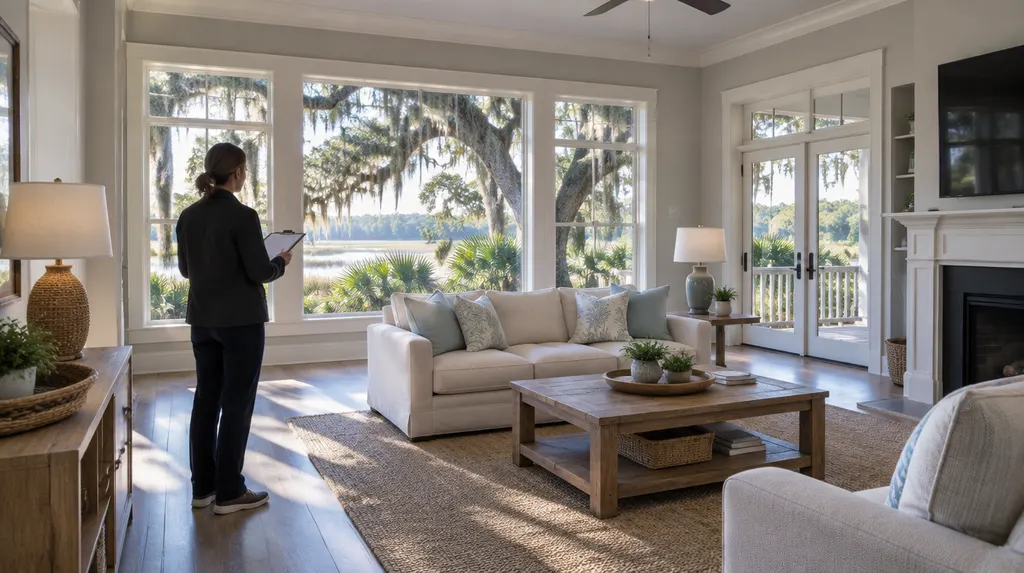 A property manager inspecting a rental living room in Charleston, SC