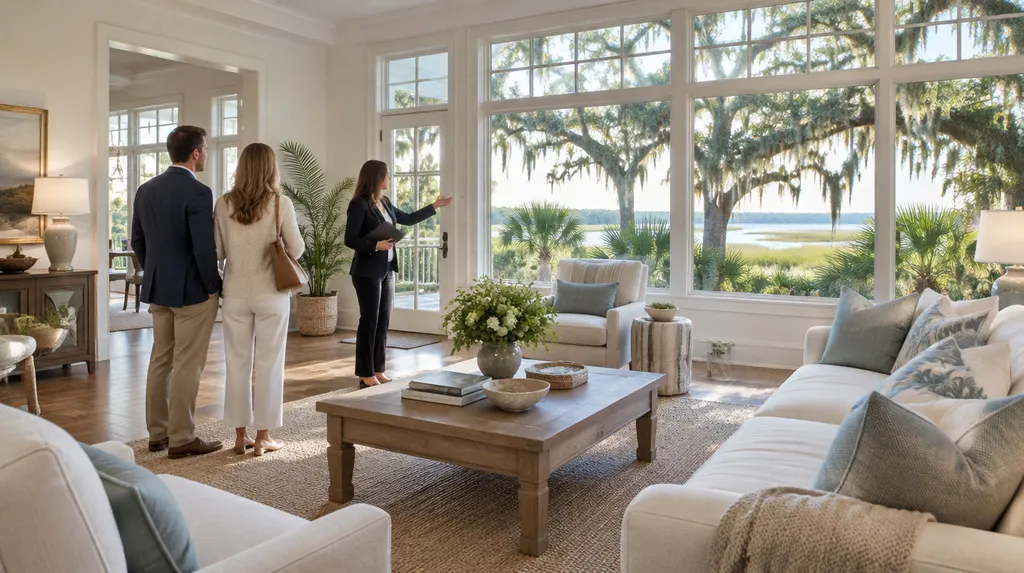A real estate agent showing a bright living room in Charleston, SC