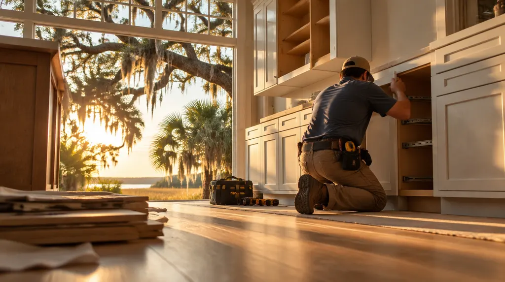 A remodeler installing new kitchen cabinets in Charleston, SC