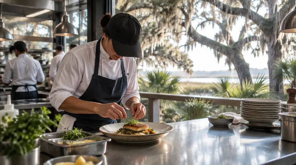 A chef plating a dish in a busy kitchen in Charleston, SC