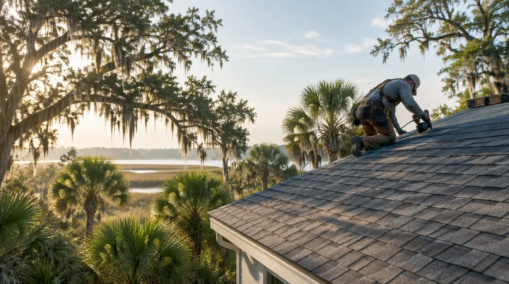 A roofer nailing architectural shingles on a sunny roof in Charleston, SC