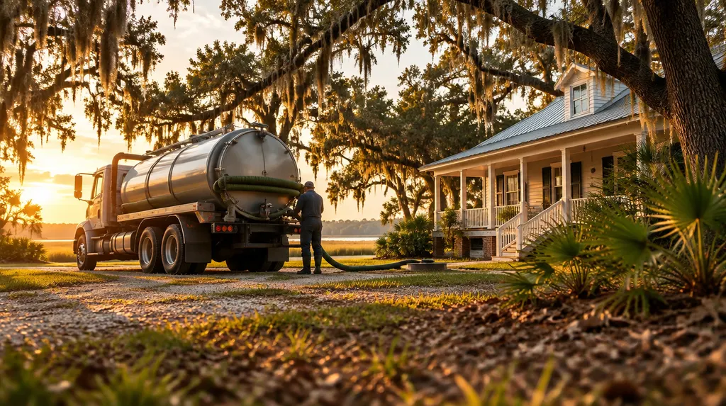 A septic pump truck parked beside a rural house in Charleston, SC