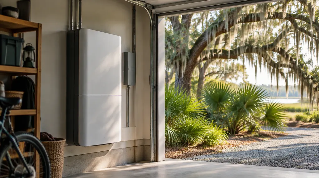 A home battery unit installed in a garage in Charleston, SC