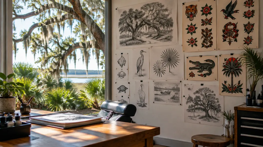 Sketches and flash art on a studio wall in Charleston, SC