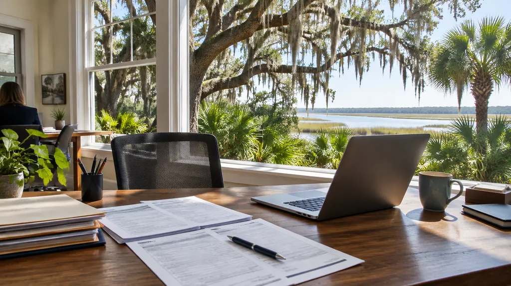 A tax office desk with forms and a laptop in Charleston, SC