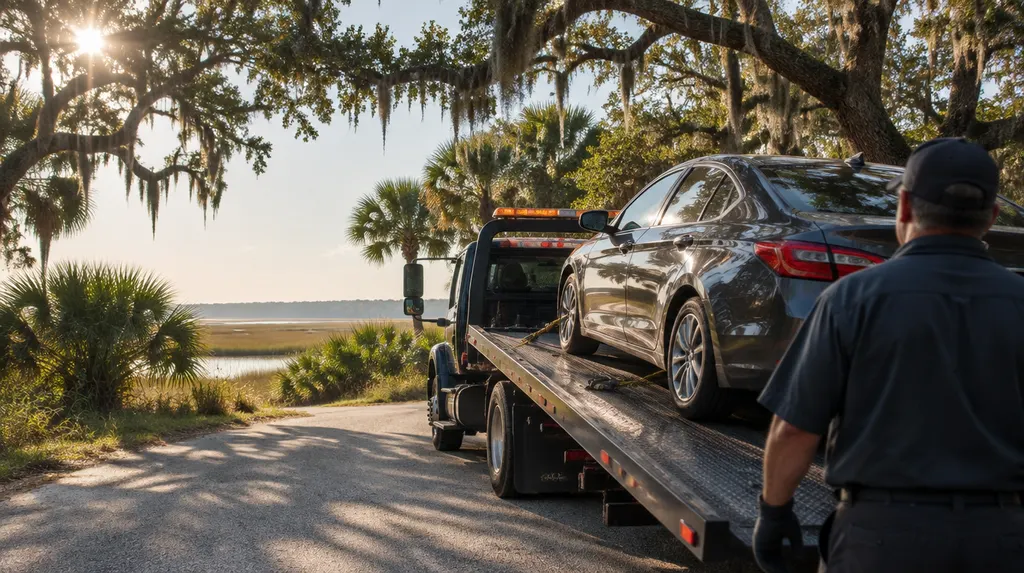 A flatbed tow truck loading a car at dusk in Charleston, SC