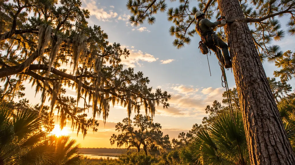 An arborist in a harness trimming a tall pine in Charleston, SC