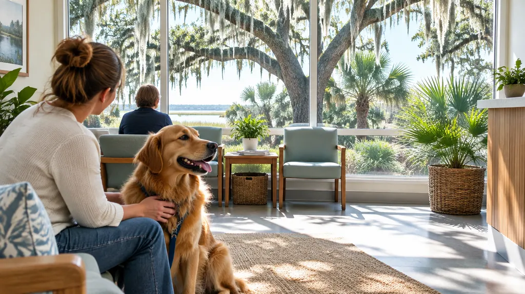 A friendly vet clinic waiting area with a dog in Charleston, SC