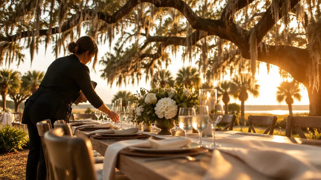 A wedding planner arranging a reception table in Charleston, SC