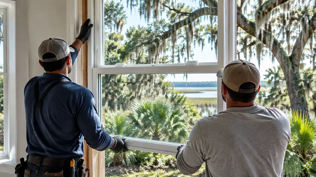 Installers fitting a new double-hung window in Charleston, SC