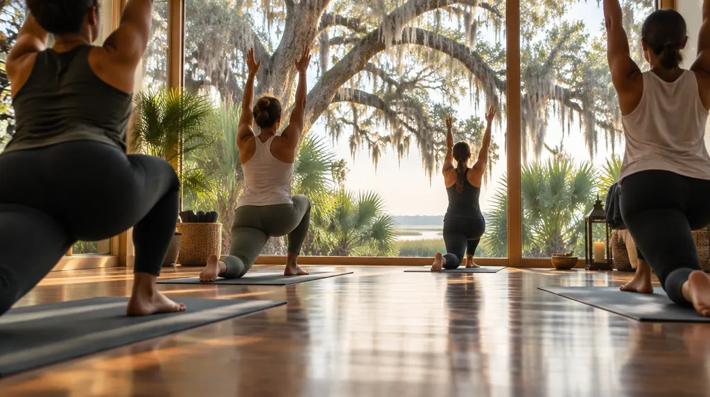 A yoga class in a calm studio in Charleston, SC