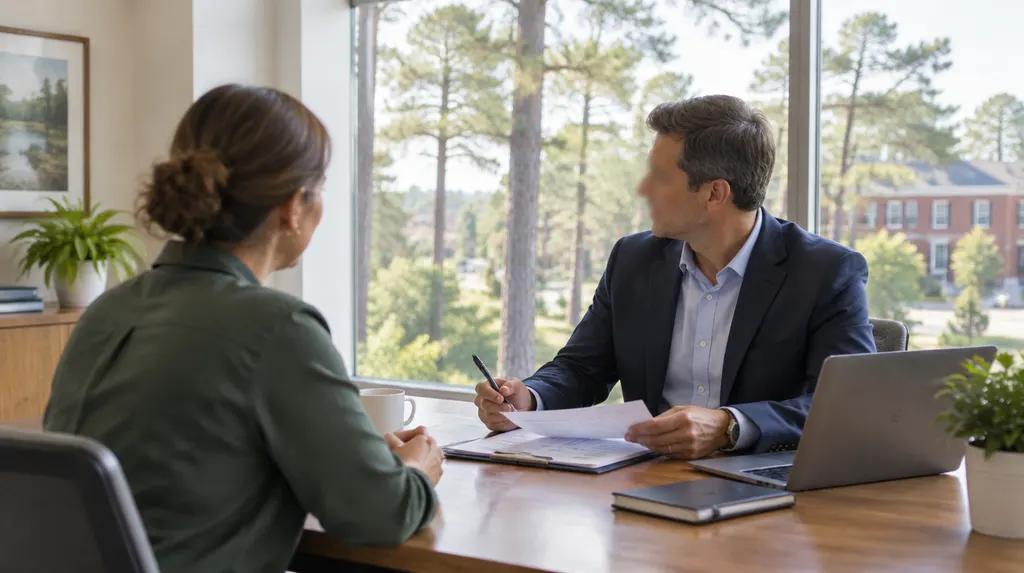 A CPA meeting a small business owner in a bright office in Columbia, SC