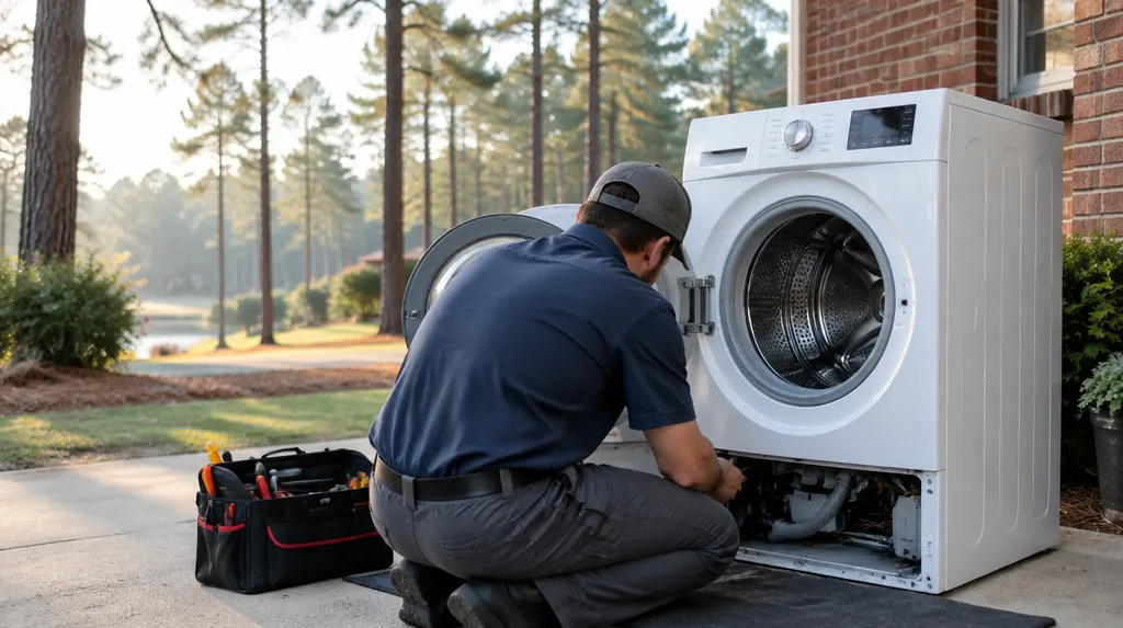A technician fixing a front-load washer in Columbia, SC