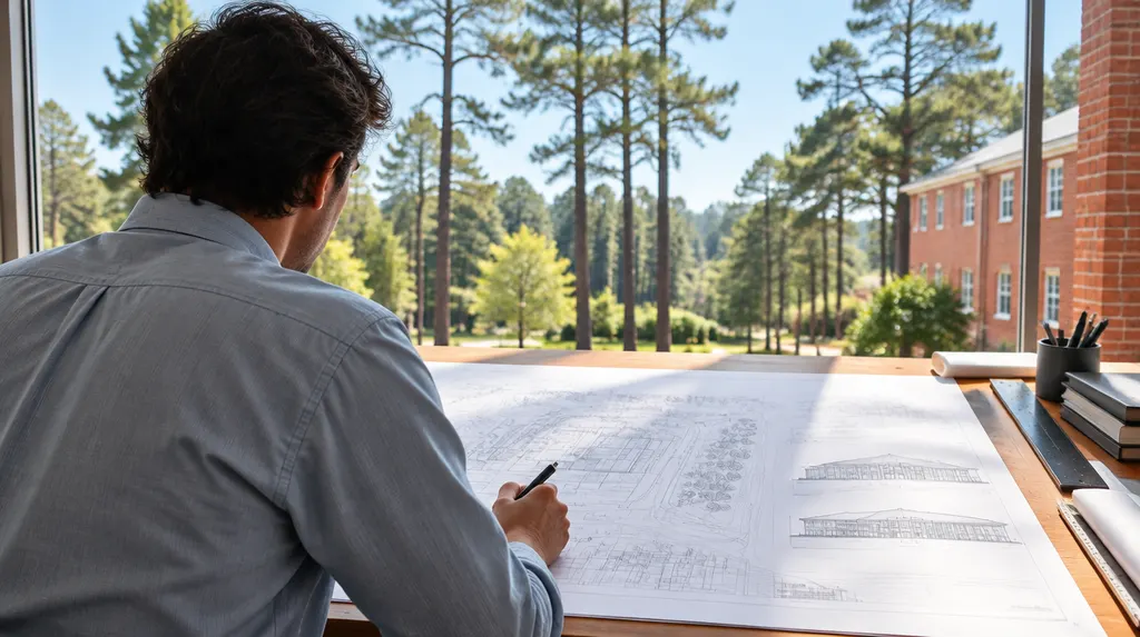 An architect reviewing blueprints at a drafting table in Columbia, SC
