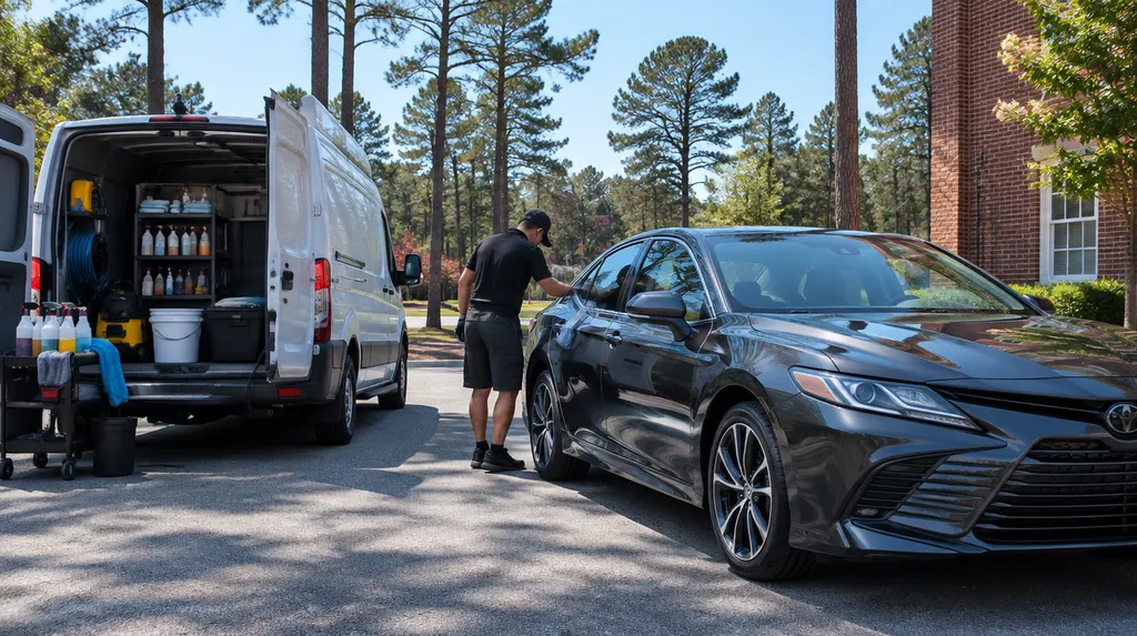 A mobile detailing van parked beside a gleaming sedan in Columbia, SC